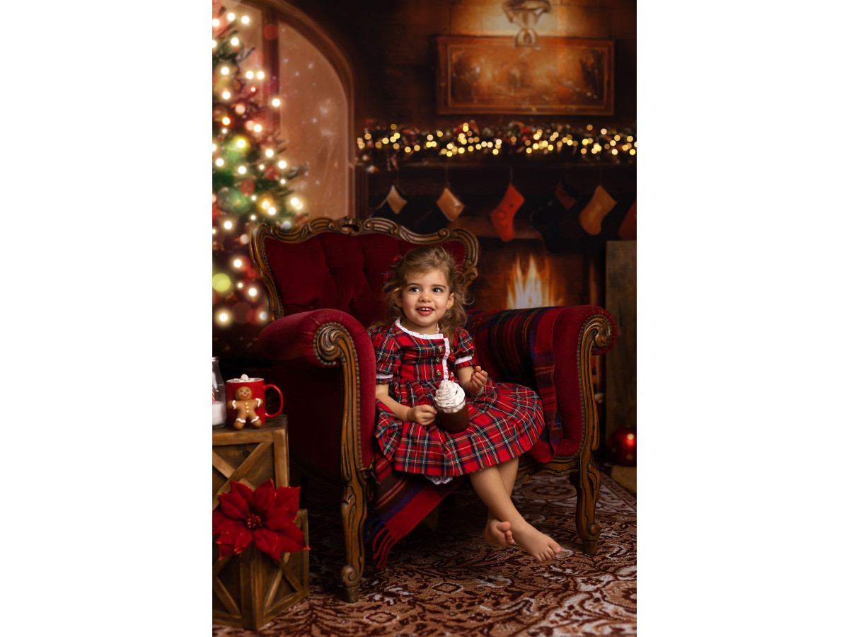 Fondo fotográfico de Navidad Painting Fireplace – salón navideño rojo con chimenea, árbol y calcetines | Colors&Drops
