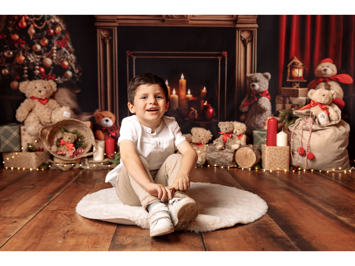 Side photo backdrop Christmas Teddy Side – Christmas fireplace with teddy bears and candles | Colors&Drops