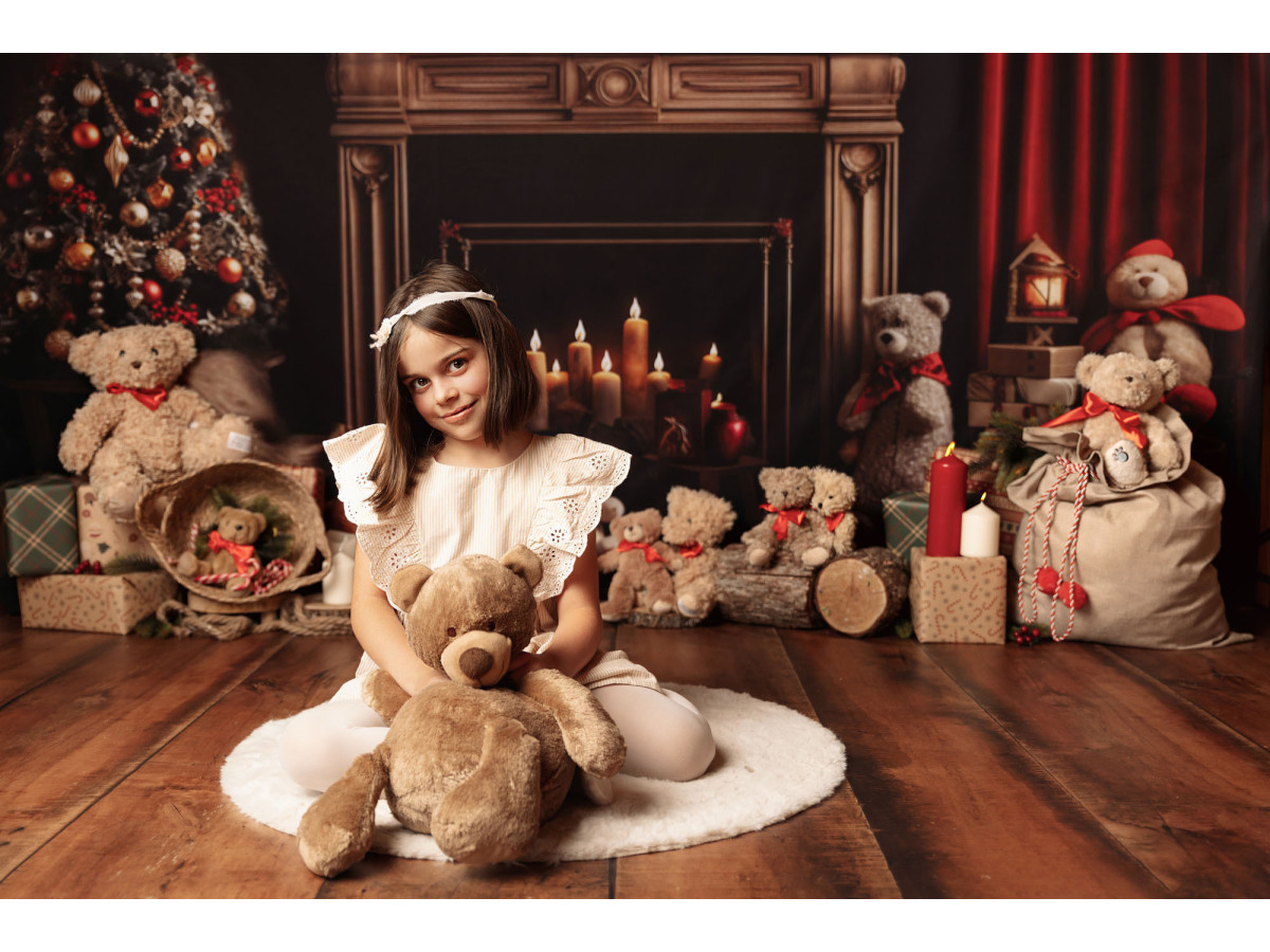 Side photo backdrop Christmas Teddy Side – Christmas fireplace with teddy bears and candles | Colors&Drops