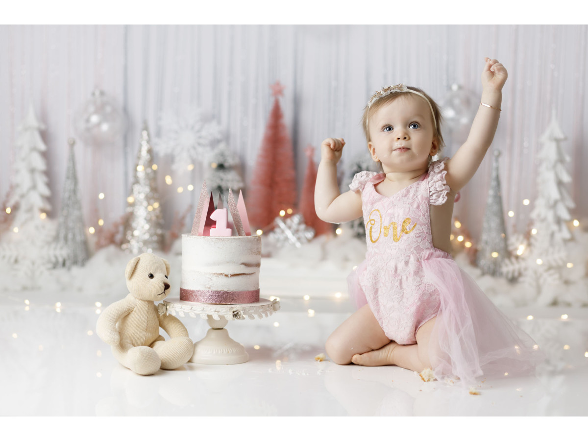 Fond photo bébé et smash cake Silver Pin Tree – sapins miniatures argentés et rouges devant rideau de fils | Colors&Drops