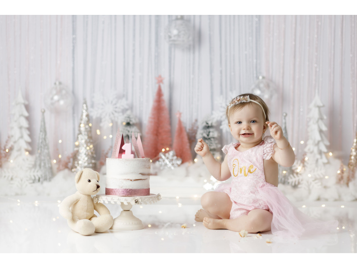 Fond photo bébé et smash cake Silver Pin Tree – sapins miniatures argentés et rouges devant rideau de fils | Colors&Drops