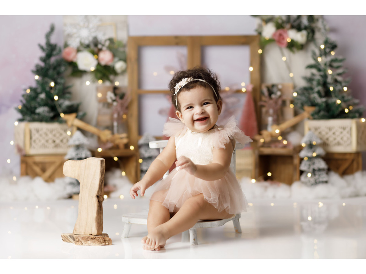 Fond photo bébé et smash cake Boheme Christmas – décor de Noël bohème avec fenêtre en bois et sapins | Colors&Drops