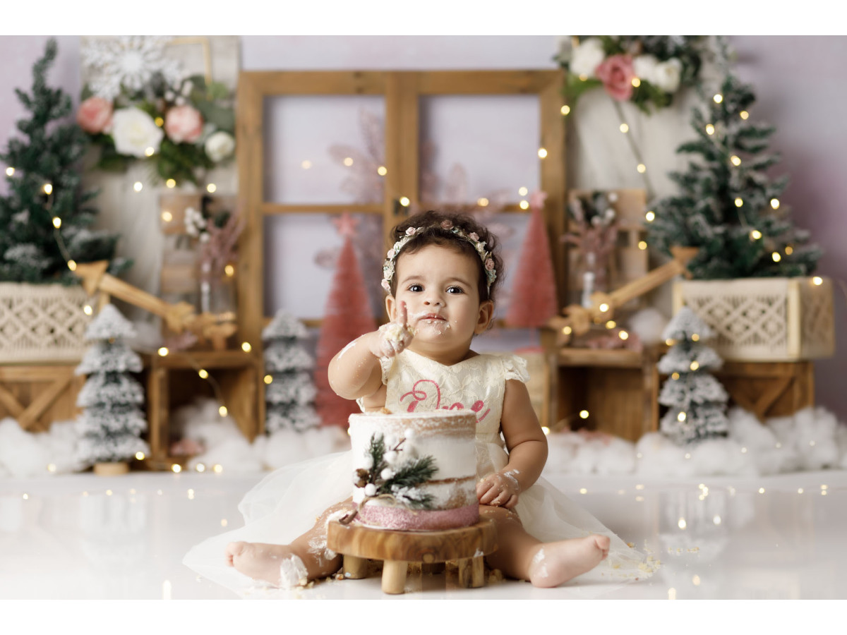 Fond photo bébé et smash cake Boheme Christmas – décor de Noël bohème avec fenêtre en bois et sapins | Colors&Drops