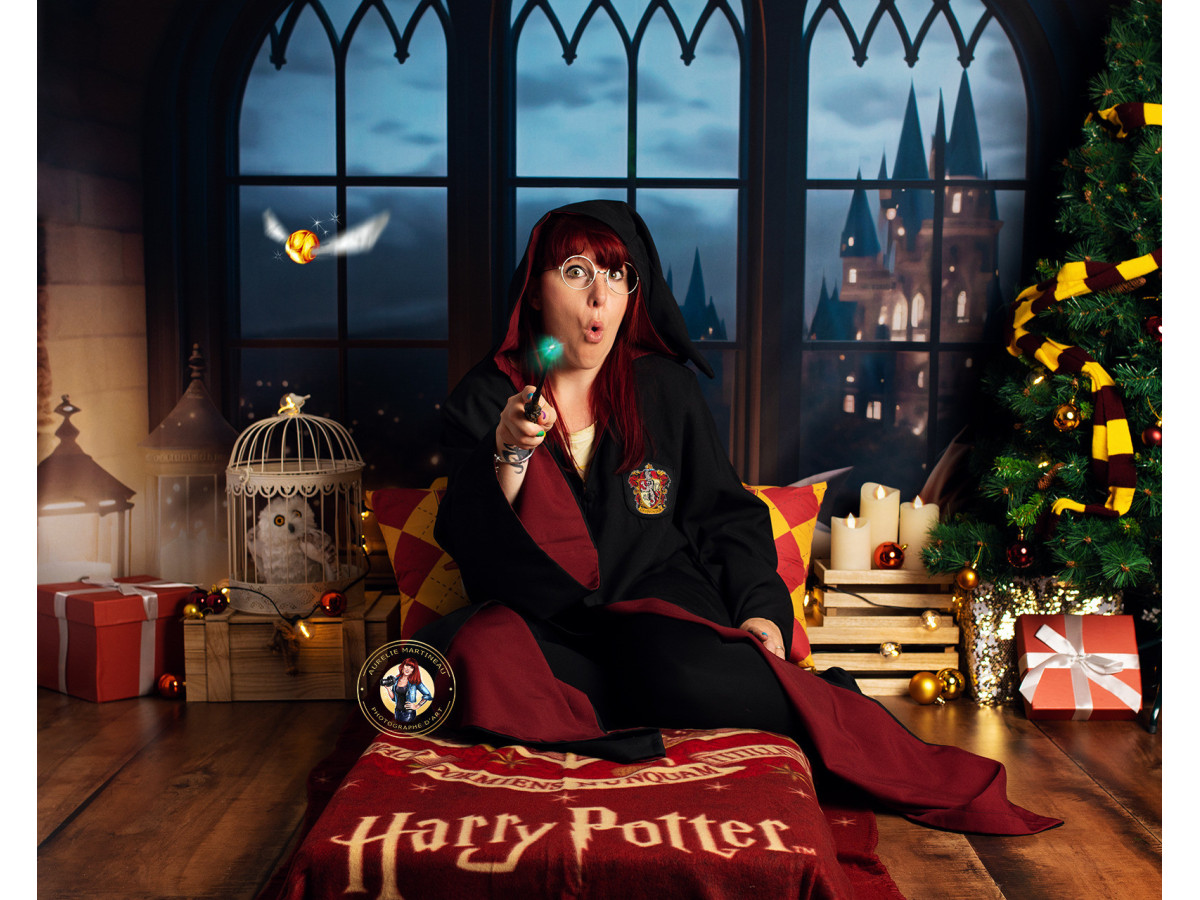 Photo backdrop Harry Christmas Bed – Christmas castle bedroom with red bed and owl cage | Colors&Drops