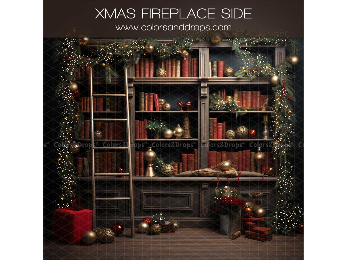 Side photo backdrop Xmas Fireplace Side – Christmas bookcase with ladder and garlands | Colors&Drops