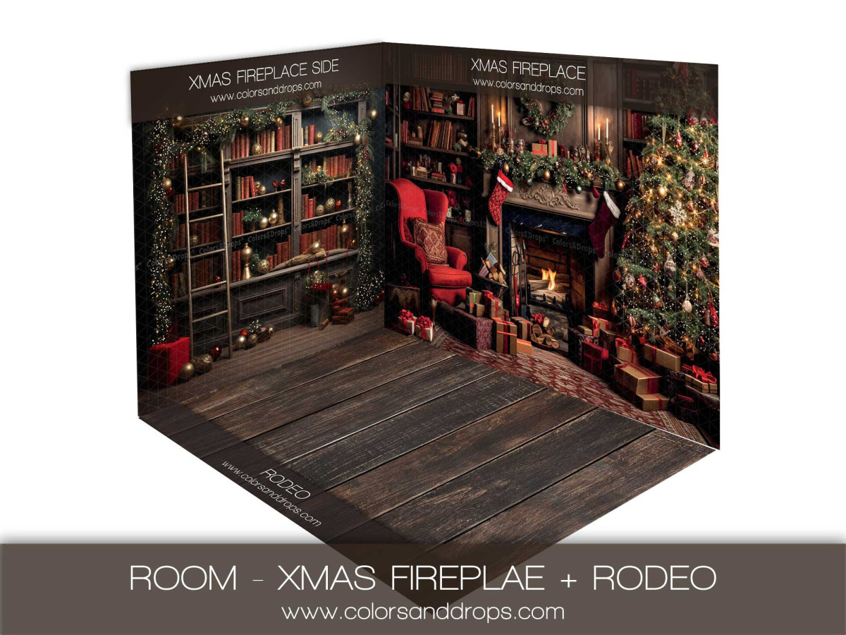 Fondo fotográfico de esquina Xmas Fireplace + Rodeo – conjunto de salón navideño con chimenea y suelo de parquet | Colors&Drops