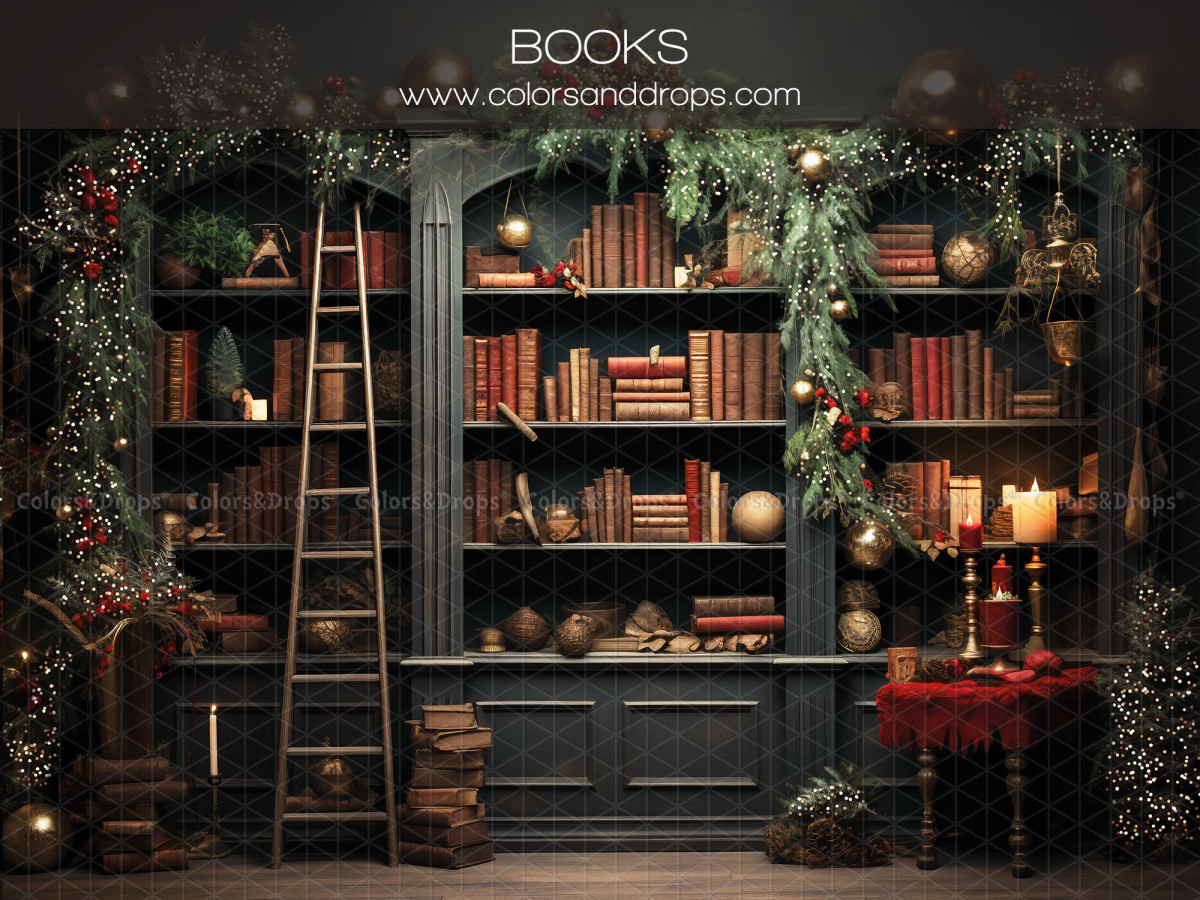 Christmas photo backdrop Books – Christmas bookcase with ladder and fir garland | Colors&Drops