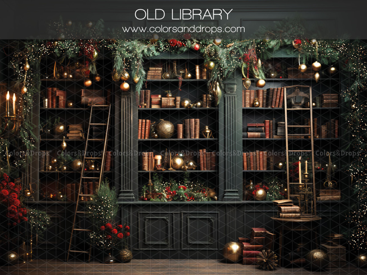 Fond photo de Noël Old Library – bibliothèque ancienne de Noël avec échelles et guirlandes | Colors&Drops