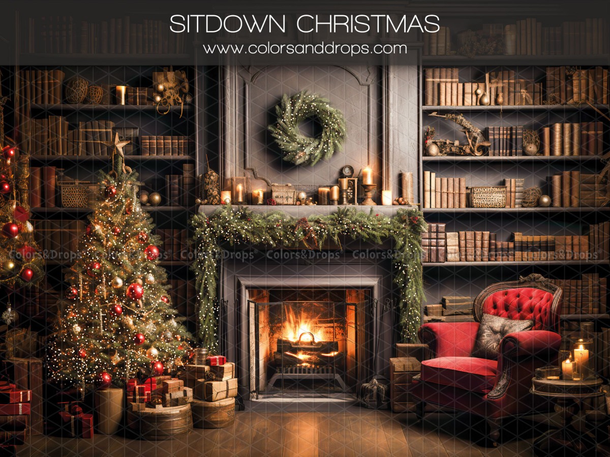 Fond photo Sitdown Christmas – salon de Noël avec cheminée, bibliothèque et fauteuil rouge | Colors&Drops