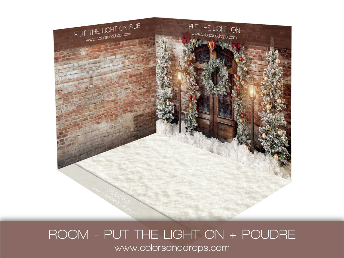 Fondo fotográfico de esquina de Navidad Put the Light on + Poudre – conjunto de puerta navideña en ladrillo con | Colors&Drops
