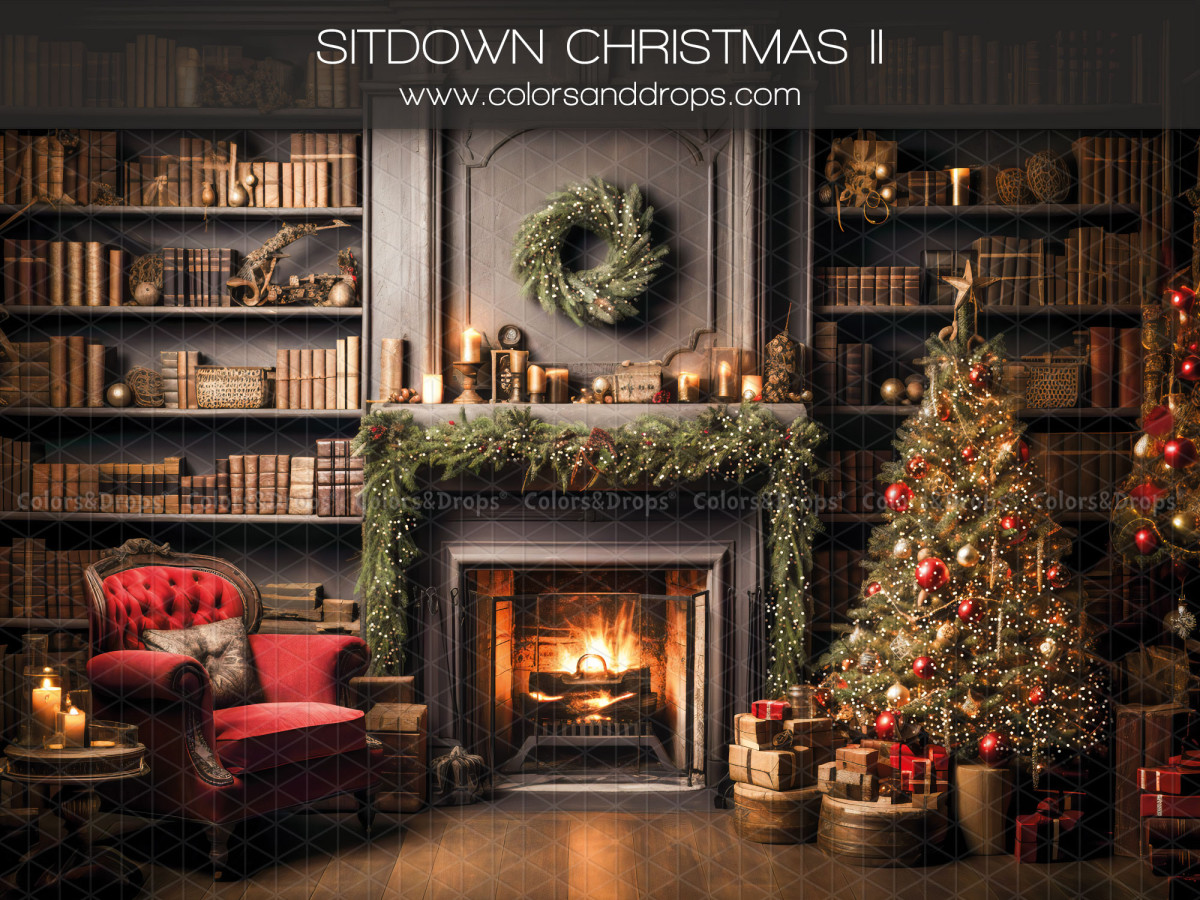Fondo fotográfico Sitedown Christmas II – salón navideño con chimenea, árbol y sillón rojo | Colors&Drops