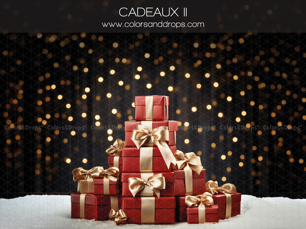 Christmas side photo backdrop Cadeaux II – stack of red and gold gifts on black bokeh | Colors&Drops