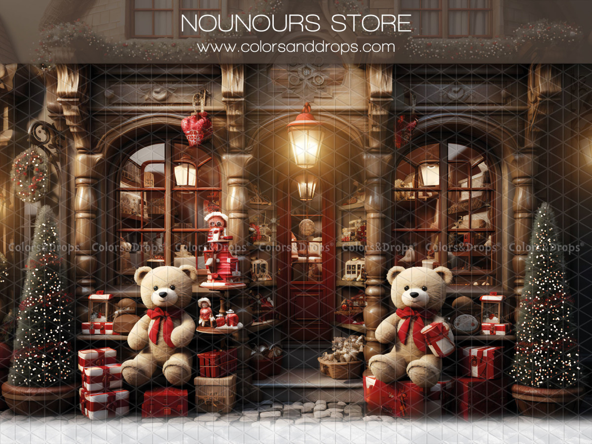 Fond photo de Noël Nounours Store – boutique de nounours de Noël avec ours géants et cadeaux | Colors&Drops