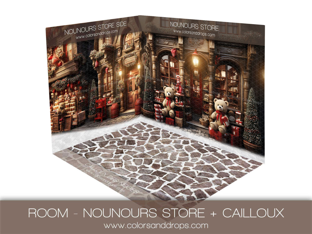 Christmas corner photo backdrop Nounours Store + Cailloux des Neiges – Christmas teddy bear shop room set with | Colors&Drops