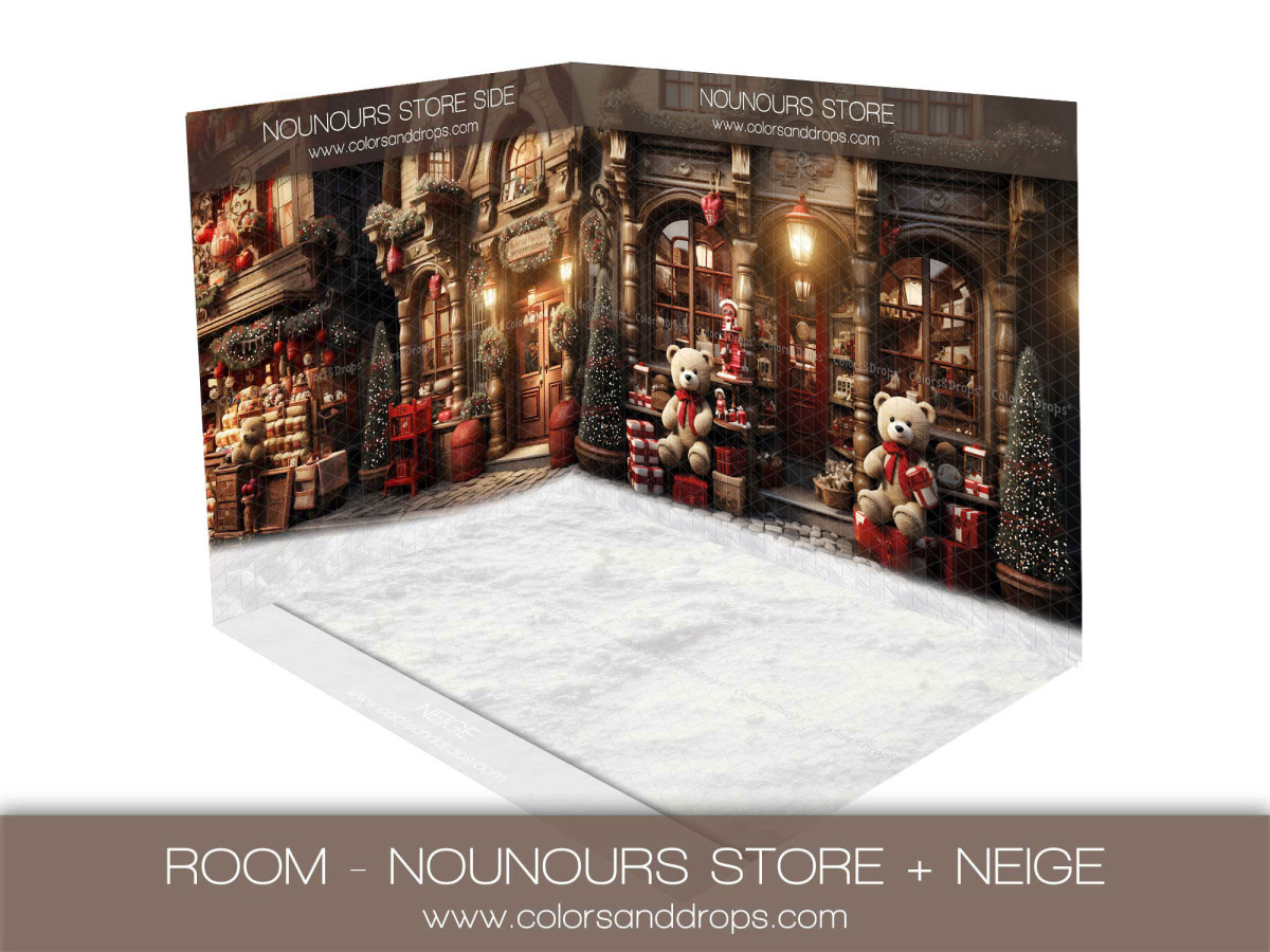 Fond photo d'angle de Noël Nounours Store + Neige – boutique de nounours de Noël avec sol enneigé | Colors&Drops