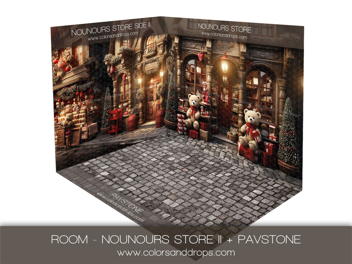 Fond photo d'angle de Noël Nounours Store II + Pavstone – boutique de nounours de Noël avec sol pavé gris | Colors&Drops