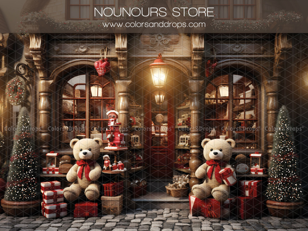 Fond photo d'angle de Noël Nounours Store II + Pavstone – boutique de nounours de Noël avec sol pavé gris | Colors&Drops