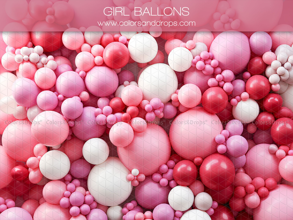 Fond photo Girl Ballons – mur de ballons roses, rouges et blancs | Colors&Drops