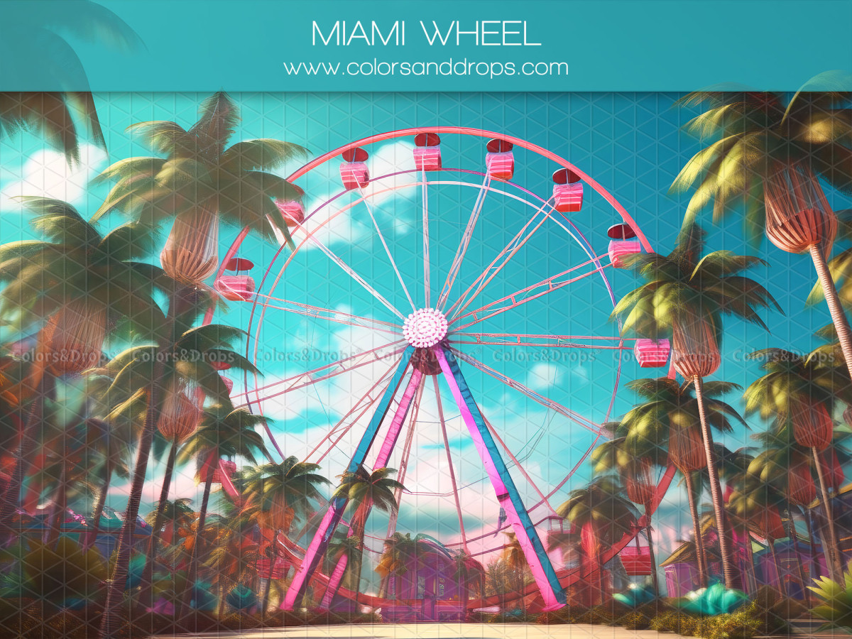 Fond photo Miami Wheel – grande roue rose entre palmiers sous ciel bleu | Colors&Drops