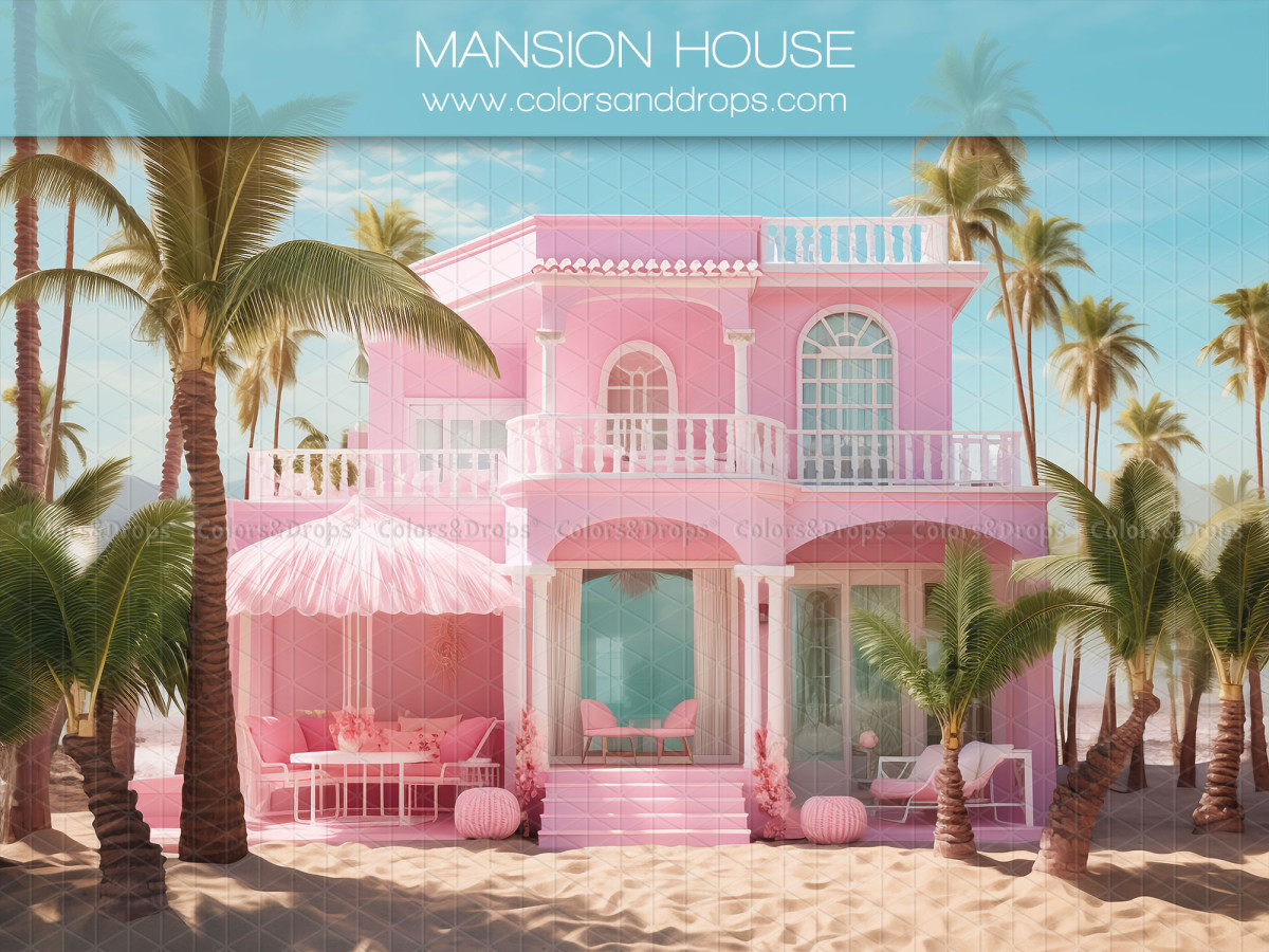 Fond photo Mansion House – villa rose de plage avec palmiers et parasol | Colors&Drops