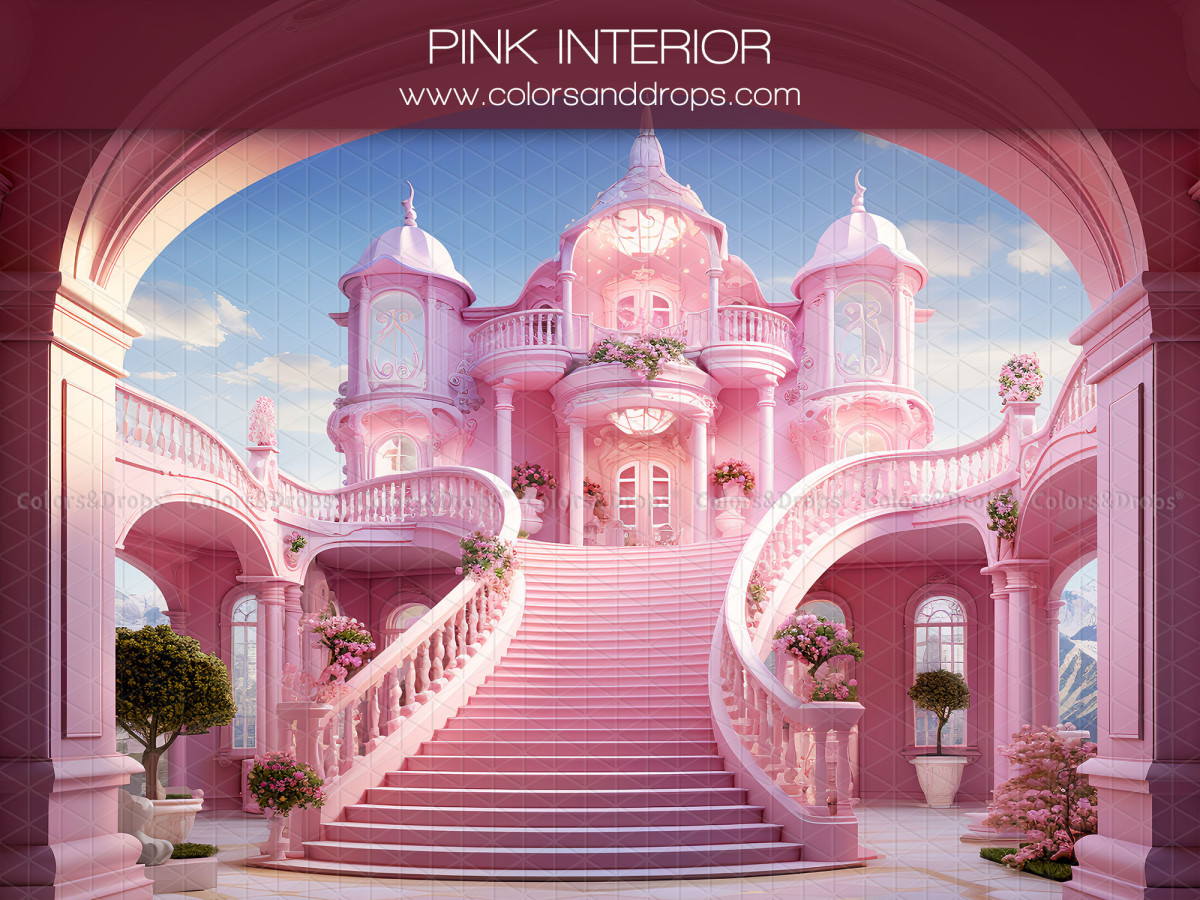 Fond photo Pink Interior – intérieur de palais rose avec double escalier | Colors&Drops