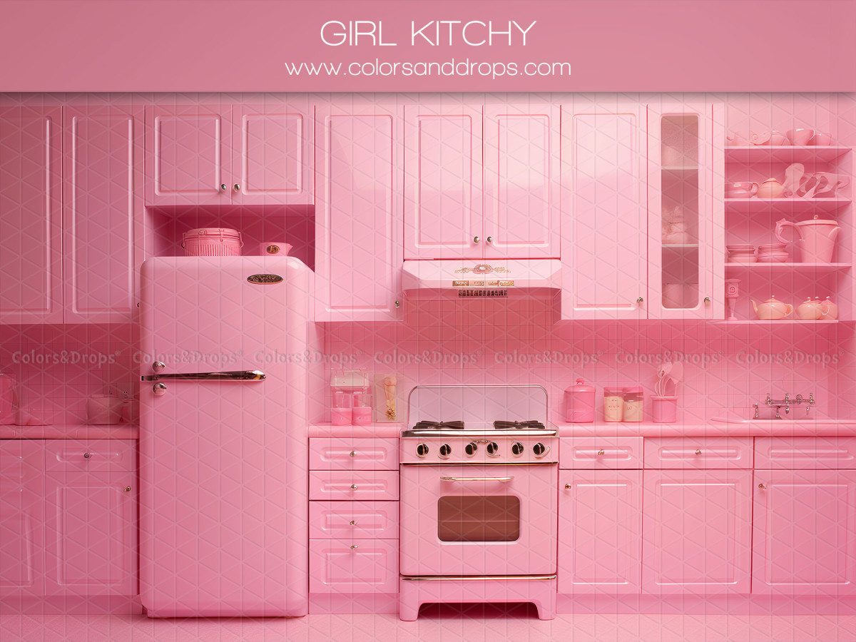 Fond photo Girl Kitchy – cuisine rétro rose avec réfrigérateur et cuisinière | Colors&Drops