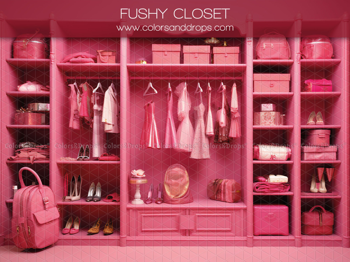 Fond photo Fushy Closet – dressing rose avec vêtements, chaussures et sacs | Colors&Drops