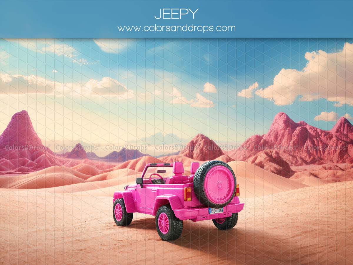 Fond photo Jeepy – 4x4 rose dans un désert de dunes et montagnes | Colors&Drops