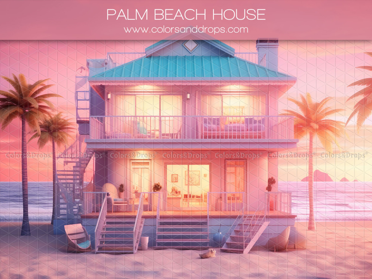 Fond photo Palm Beach House – maison de plage rose à toit turquoise au coucher du soleil | Colors&Drops