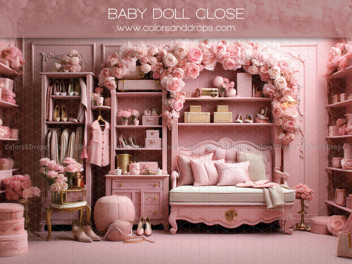 Fond photo Baby Doll Close – chambre de poupée rose avec lit, roses et dressing | Colors&Drops