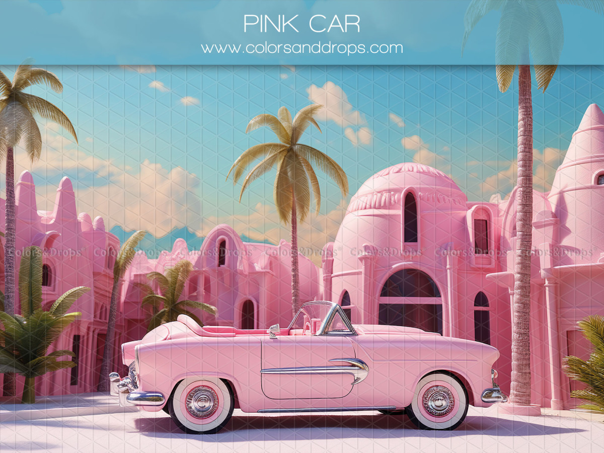 Fond photo Pink Car – voiture décapotable rose vintage devant villas roses | Colors&Drops