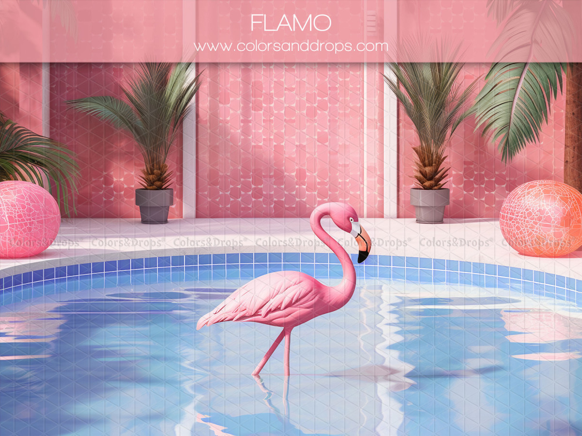 Fond photo Flamo – flamant rose au bord d'une piscine bleue | Colors&Drops