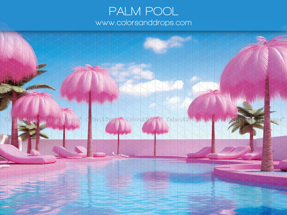 Fond photo Palm Pool – piscine avec palmiers roses et transats | Colors&Drops