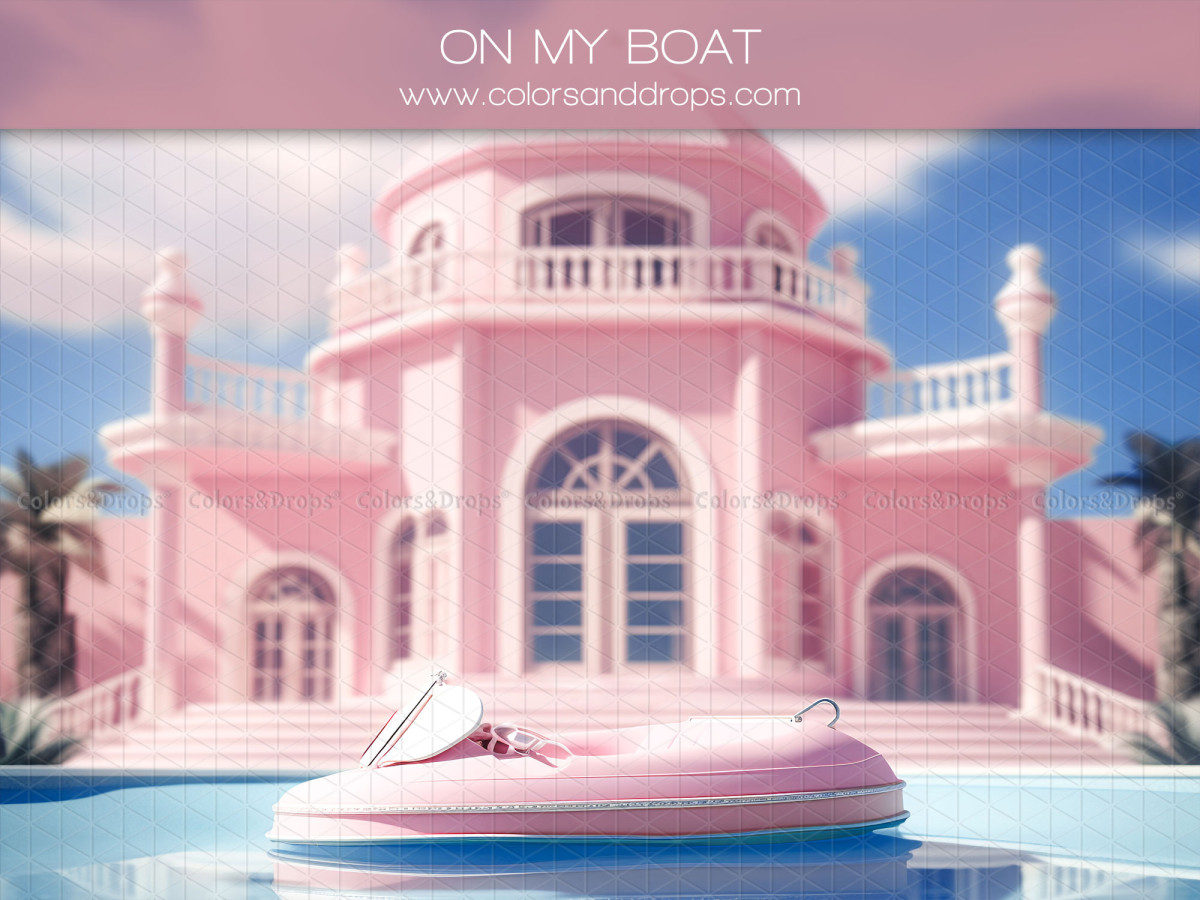 Fondo fotográfico On My Boat – villa rosa junto al agua con barca hinchable | Colors&Drops