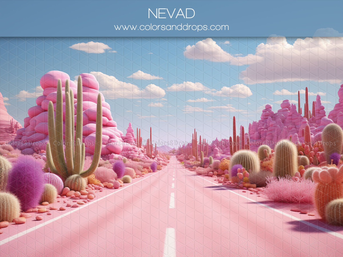 Fond photo Nevad – route rose dans un désert de cactus et rochers roses | Colors&Drops