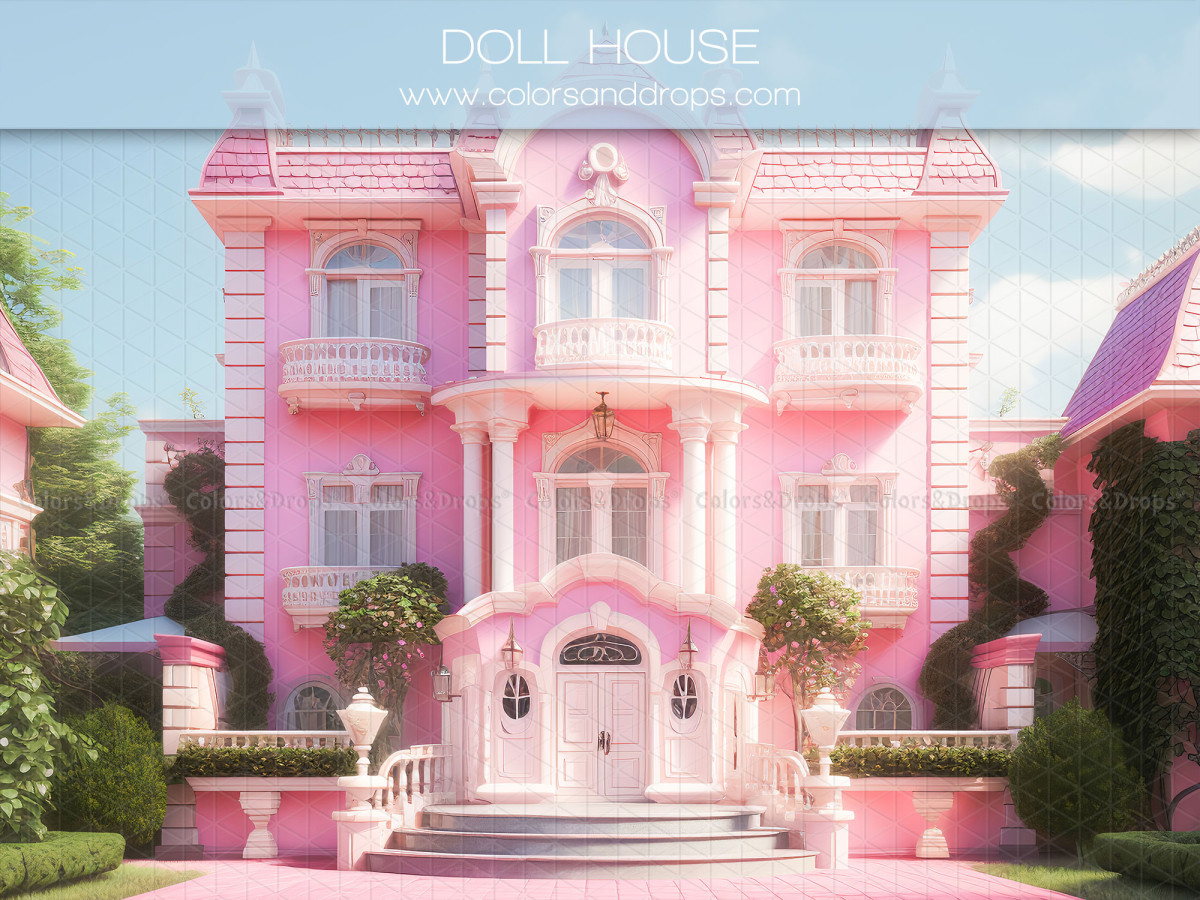 Fond photo Doll House – maison de poupée rose à colonnes avec jardin | Colors&Drops