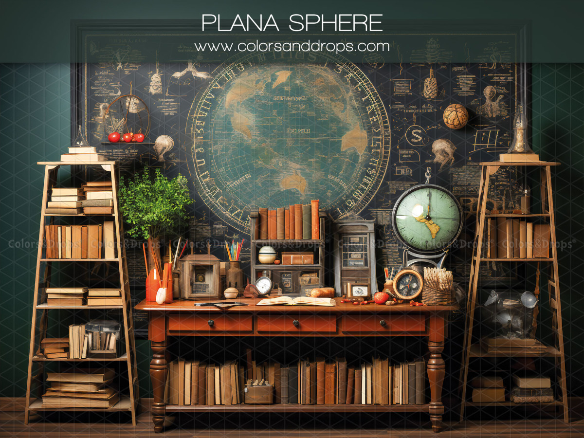 Fond photo scolaire Plana Sphere – bureau ancien avec carte du monde, globe et bibliothèques | Colors&Drops