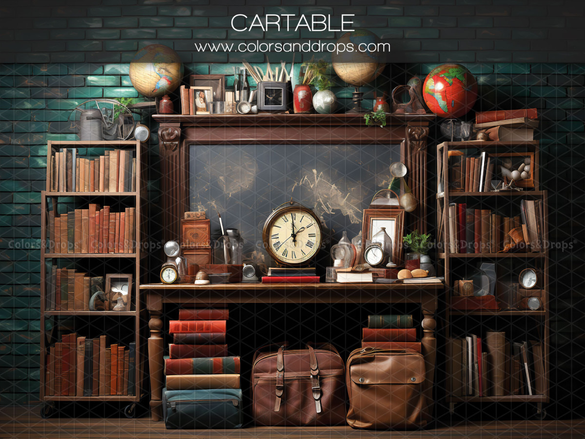 School portrait photo backdrop Cartable – old school desk with board, books and satchels | Colors&Drops
