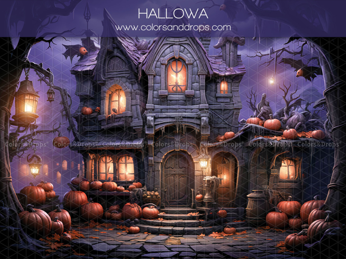 Fond photo d'Halloween Hallowa – maison hantée d'Halloween avec citrouilles la nuit | Colors&Drops
