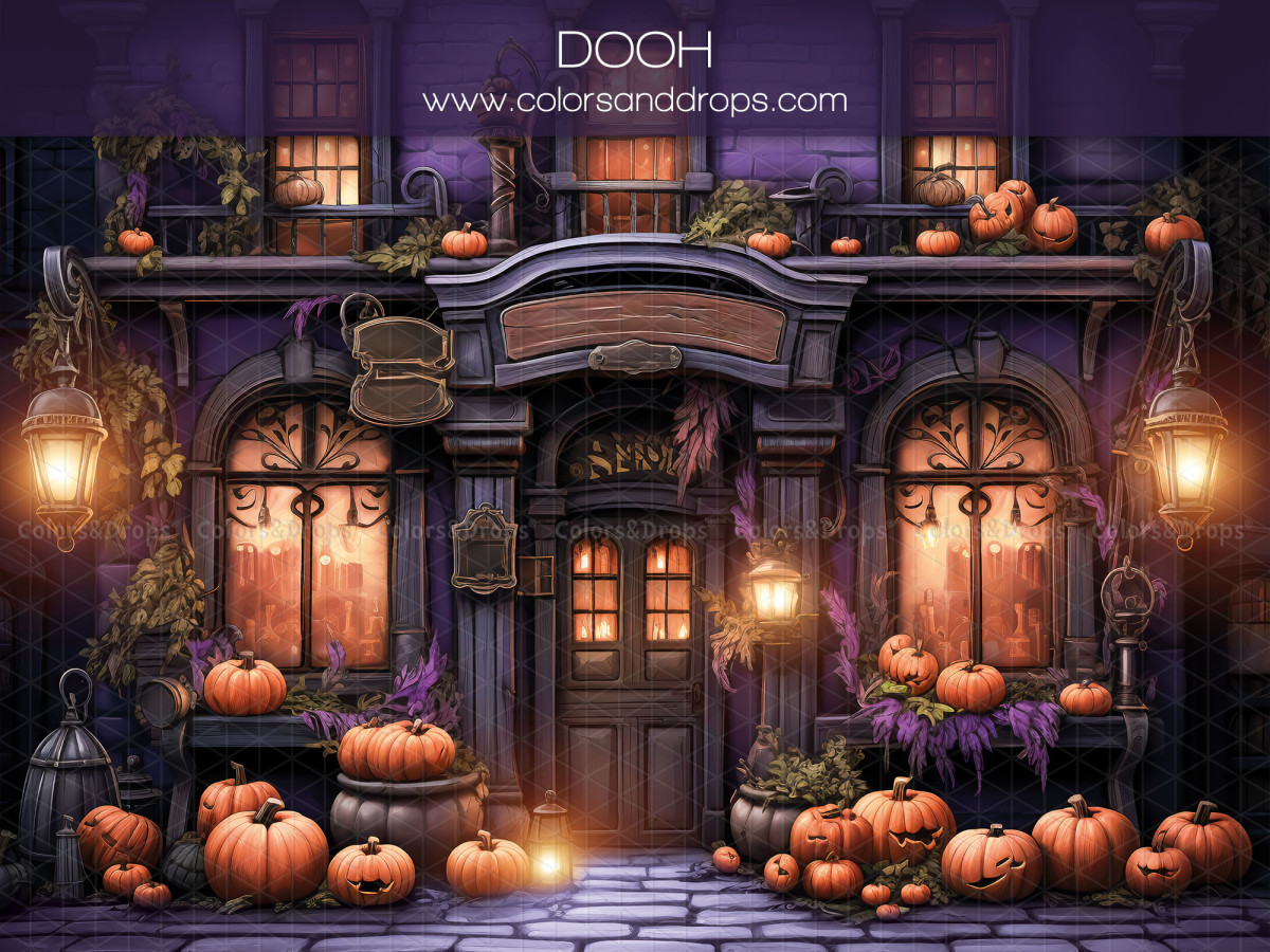Fond photo d'Halloween Dooh – façade de boutique d'Halloween violette avec citrouilles | Colors&Drops