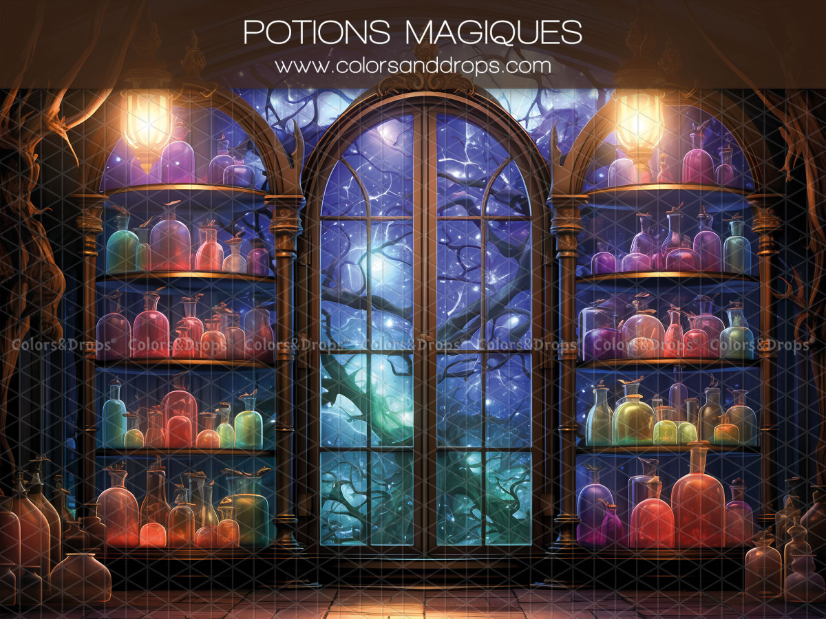 Fond photo d'Halloween Potions Magiques – étagères de potions magiques devant fenêtre cintrée | Colors&Drops