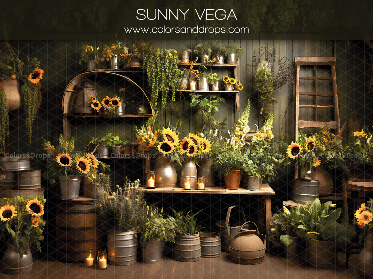 Autumn photo backdrop Sunny Vega – garden shed with sunflowers and zinc pots | Colors&Drops