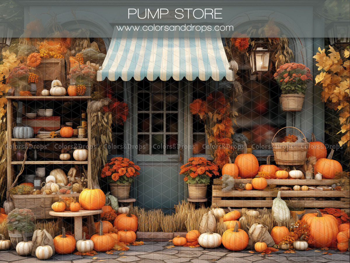 Fondo fotográfico de otoño Pump Store – tienda de otoño con toldo y calabazas | Colors&Drops