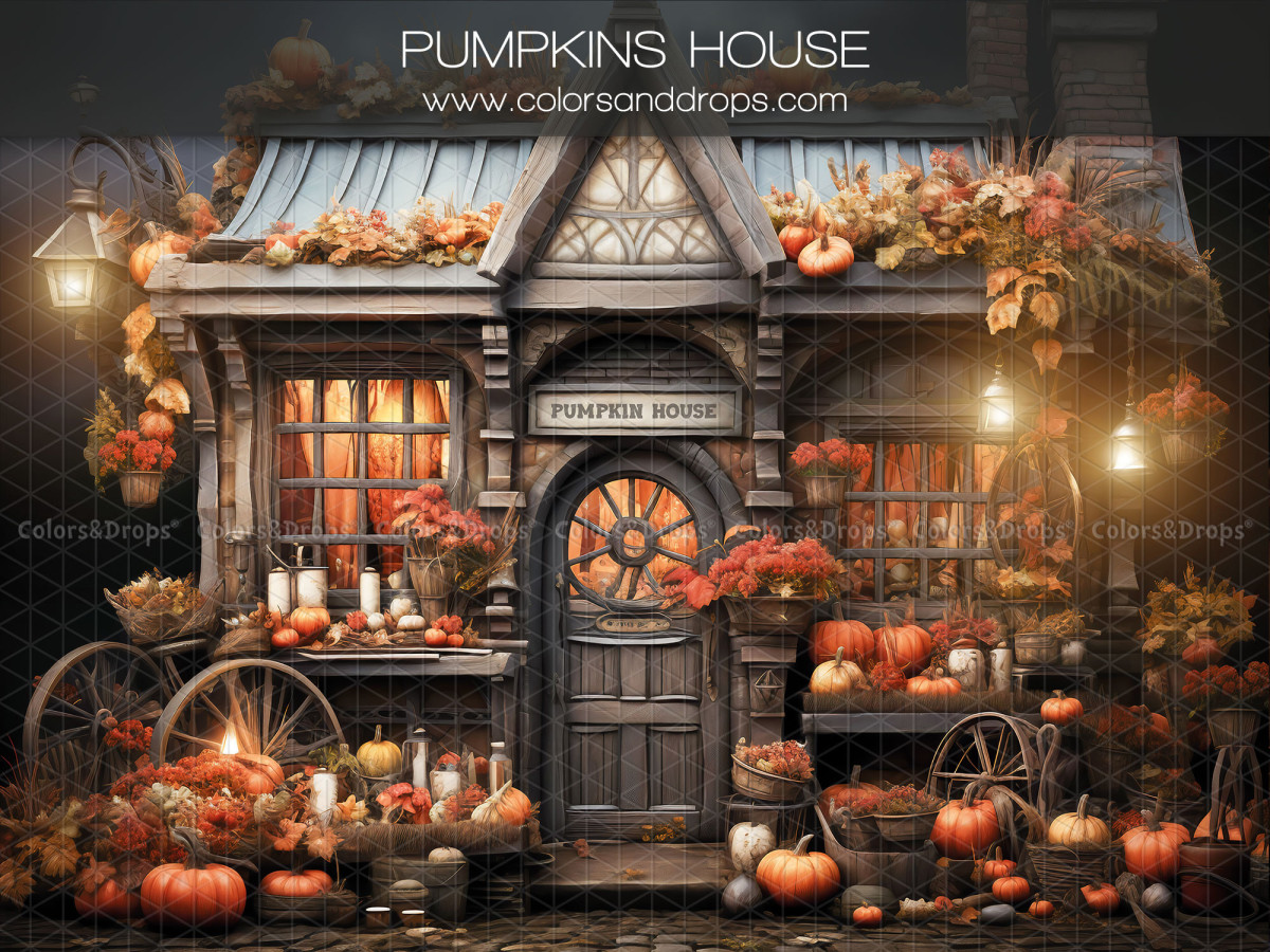 Fondo fotográfico de otoño Pumpkins House – casa de calabazas de madera con faroles | Colors&Drops