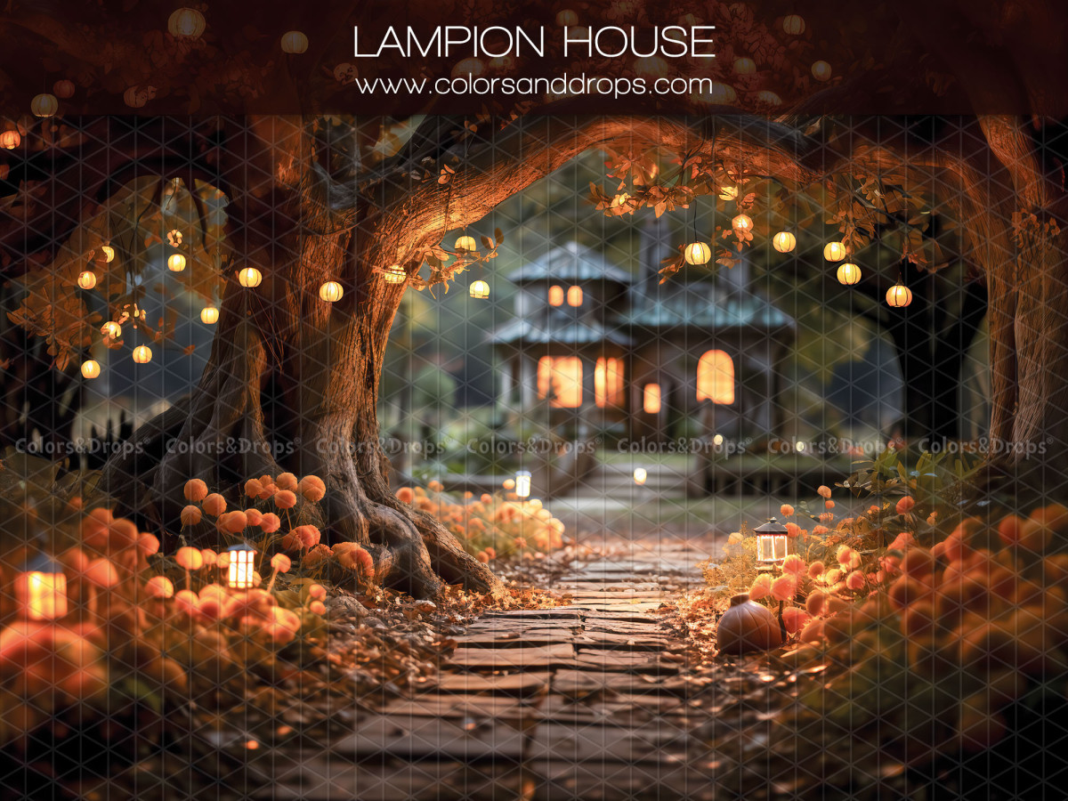 Autumn photo backdrop Lampion House – autumn tree tunnel leading to a lit house | Colors&Drops