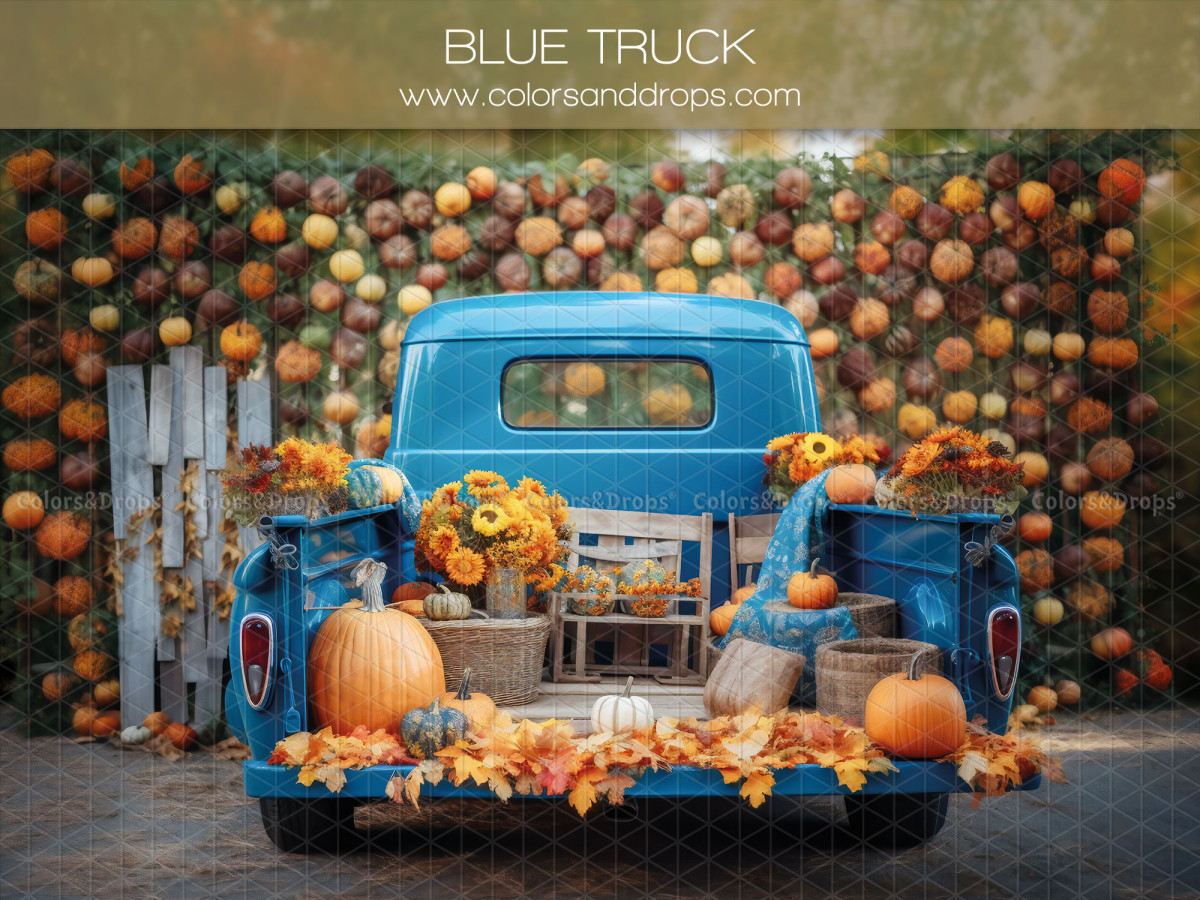 Fondo fotográfico de otoño Blue Truck – pick-up azul vintage cargado de calabazas y girasoles | Colors&Drops
