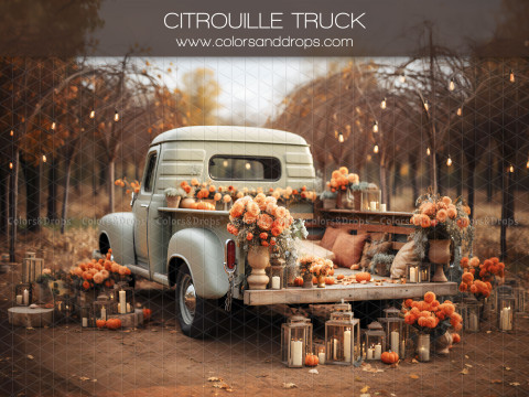 Fondo fotográfico de otoño Citrouille Truck – pick-up vintage crema con calabazas en bosque otoñal | Colors&Drops
