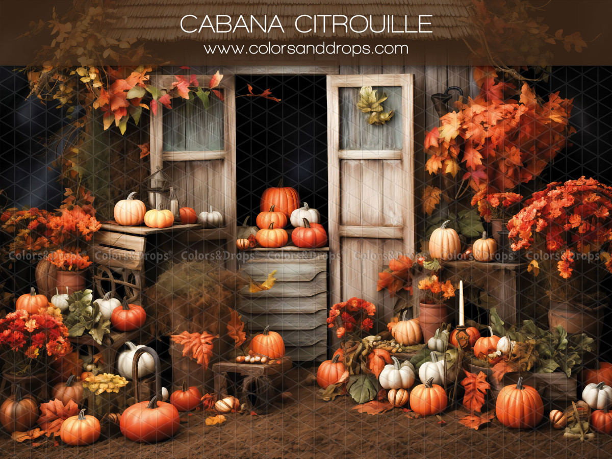 Autumn photo backdrop Cabana Citrouille – wooden cabin with pumpkins and orange foliage | Colors&Drops