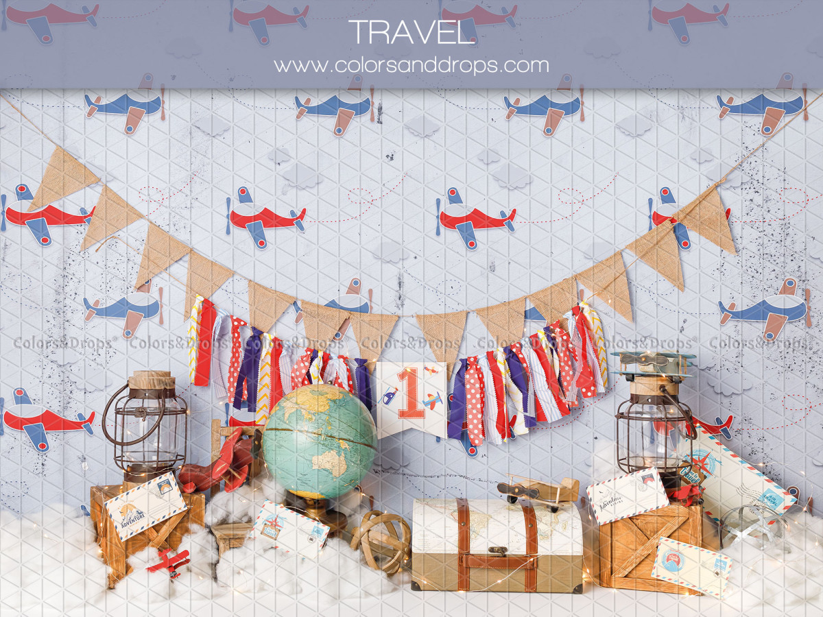 Baby & cake smash photo backdrop Travel – travel set with planes, globe, suitcase and bunting | Colors&Drops