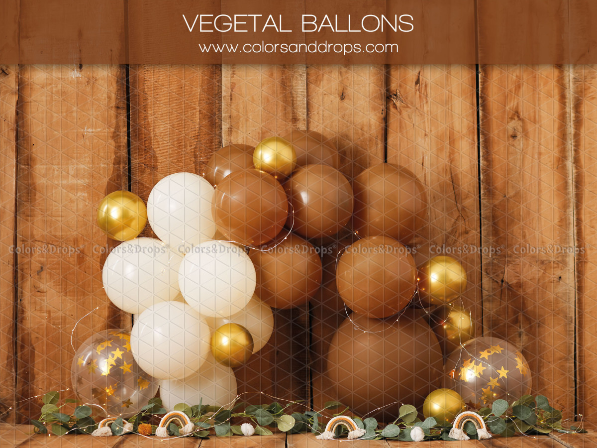 Fondo fotográfico de bebé y smash cake Vegetal Ballons – globos blancos, marrones y dorados sobre pared de madera | Colors&Drops
